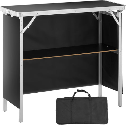 Folding Portable Bar Table, Tradeshow Podium Table for Indoor, Outdoor, Party, Picnic, Exhibition, Includes Carrying Case, Storage Shelf and Black Skirt, 38.39" X 15.16" X 34.25"