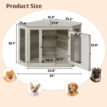 52 Inch Corner Dog Crate Furniture,Wooden Dog Kennel Furniture with Mesh,Decorative Wood Dog House for Small/Medium/Large Dog,Perfect for Indoor Limited Room