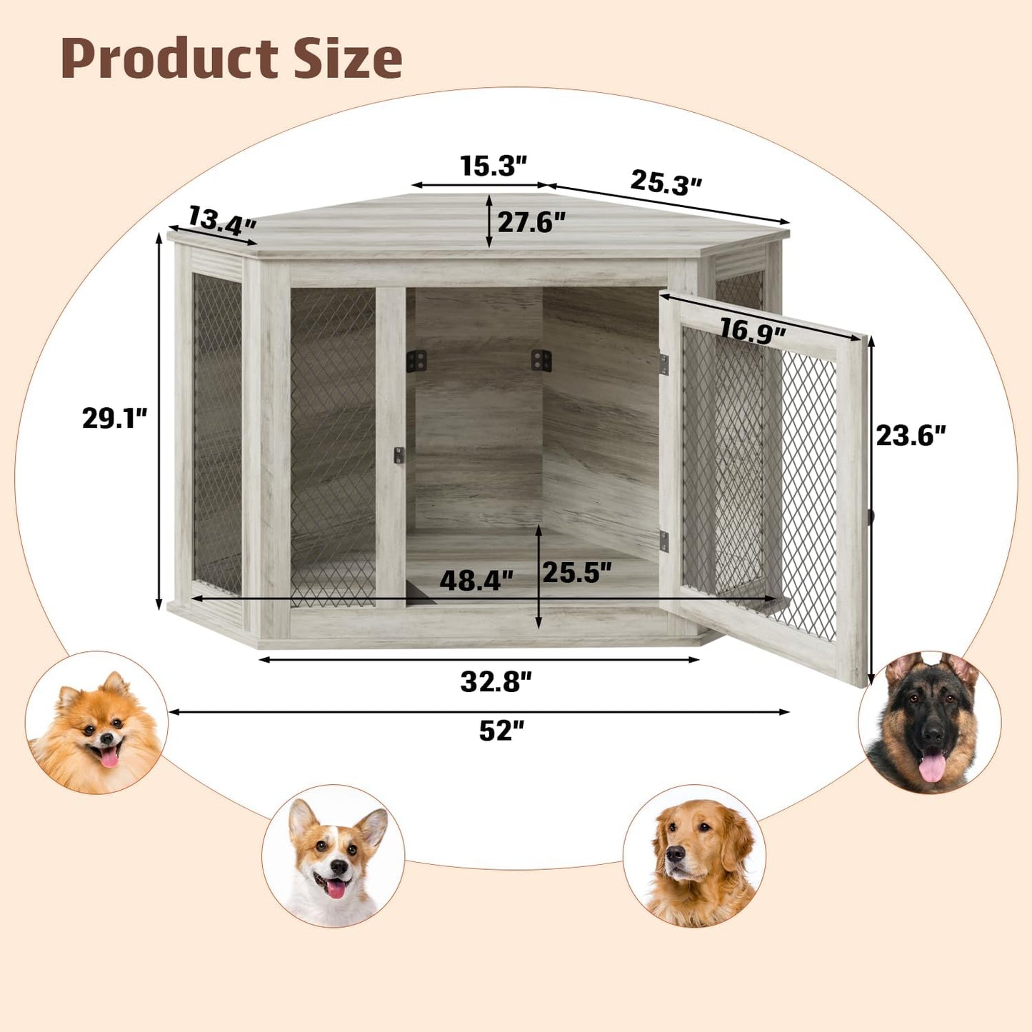 52Inch Corner Dog Crate Furniture,Wooden Dog Kennel Furniture with Mesh,Decorative Wood Dog House for Indoor Use,For Small/Medium/Large Dog,Perfect for Limited Room