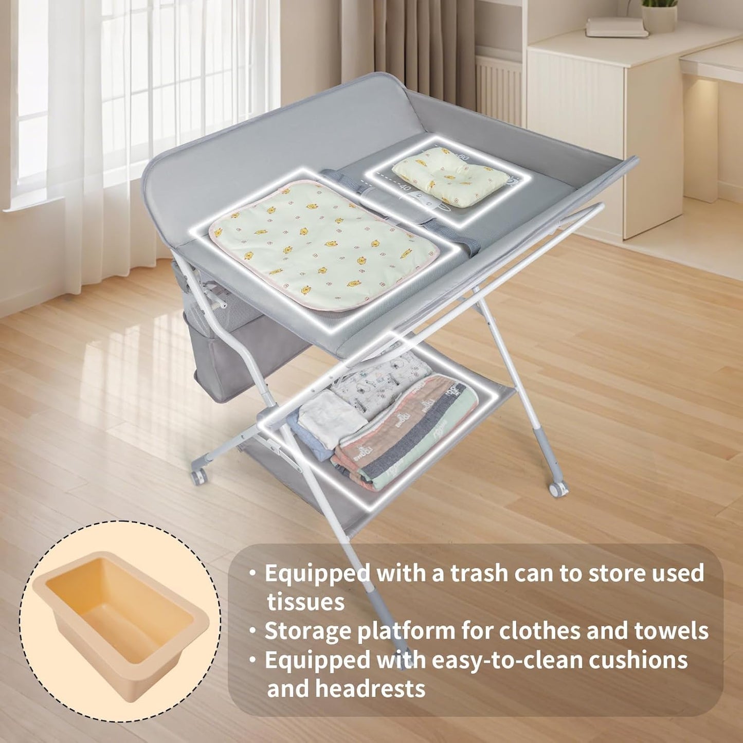 Baby Folding Portable Changing Table, 4-Level Adjustable Height Diaper Changing Station Table for Nursery with Safety Belt, Double Storage Bag, Headrests & Diaper Pad