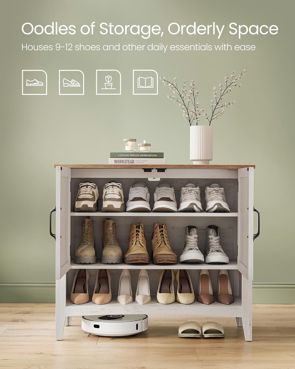 Shoe Cabinet, 3-Tier Shoe Storage Organizer, Farmhouse Freestanding Cabinet with Height-Adjustable Shelf, 13.8 X 31.5 X 27.6 Inches, Entryway, Honey Brown ULBC038B01