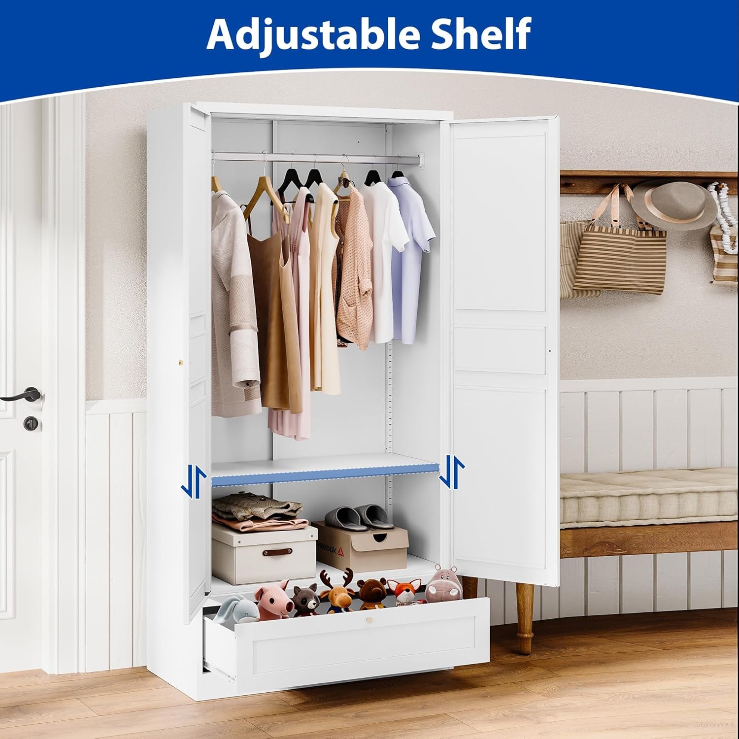 Metal Armoire Wardrobe Closet with 2 Doors 72'' Wardrobe Cabinet with Drawers and Hanging Rail Metal Closet with Adjustable Shelves for Bedroom. (White, with 1Drawer)