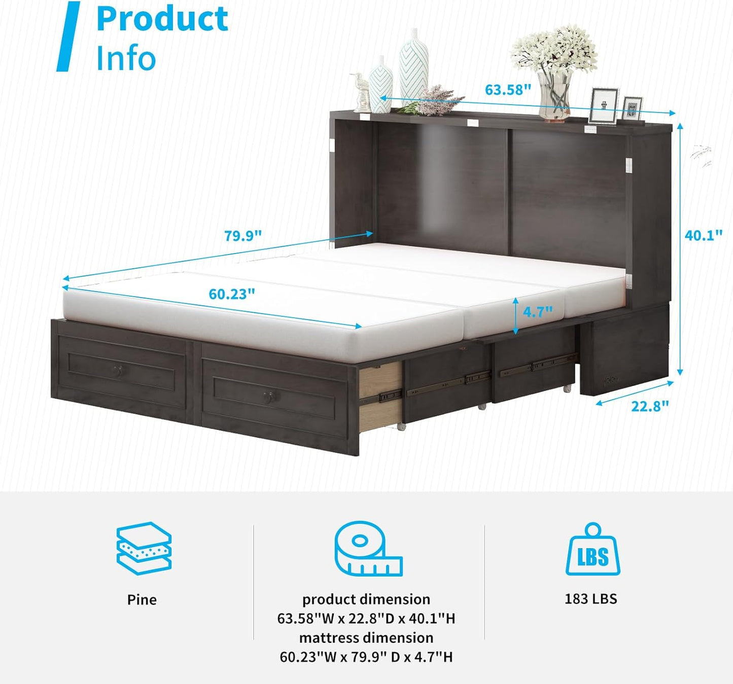 63" Width Queen Size Murphy Bed Cabinet with USB Charging Station, Modern Murphy Cabinet Beds with Drawers & Tri-Folding Mattress, Chest Cabinets Wall Beds for Home Apartment, Dark Grey