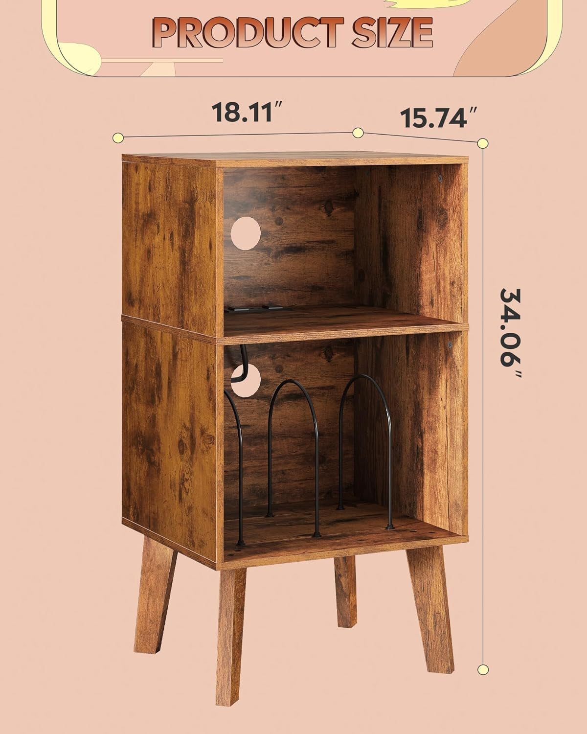 Record Player Stand, Modern Nightstand with Storage, Small Space Bedside Table, End Table for Bedroom & Living Room, Mid Century Night Stand, Rustic Brown