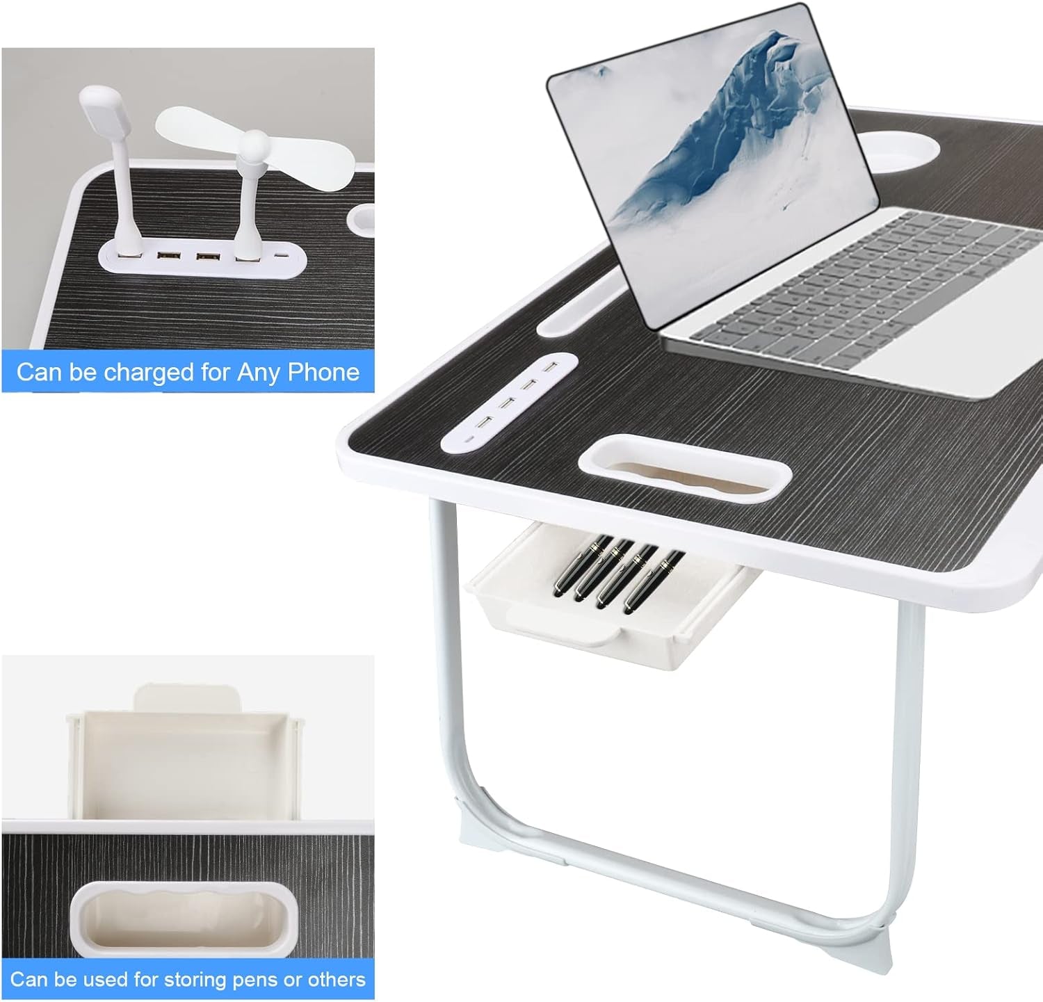 Laptop Bed Table, Laptop Desk for Bed, Foldable Laptop Bed Desk with USB Charge Port, Handle, Desktop Card Slot, Cup Slot, Side Drawer, Portable Laptop Table for Bed Eating Reading Working