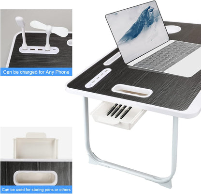 Laptop Bed Table, Laptop Desk for Bed, Foldable Laptop Bed Desk with USB Charge Port, Handle, Desktop Card Slot, Cup Slot, Side Drawer, Portable Laptop Table for Bed Eating Reading Working