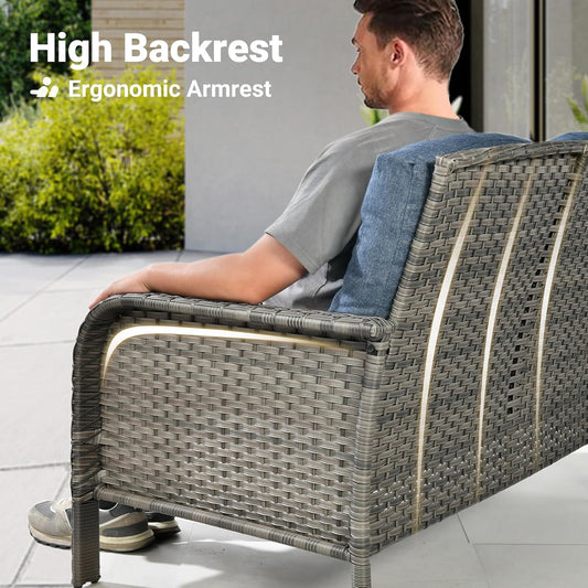 4-Piece Patio Furniture Set, Outdoor Wicker Sofa with Chairs Coffee Table, High Back Rattan Couch Loveseat with Comfy Cushions for Porch Yard Deck, Denim Blue