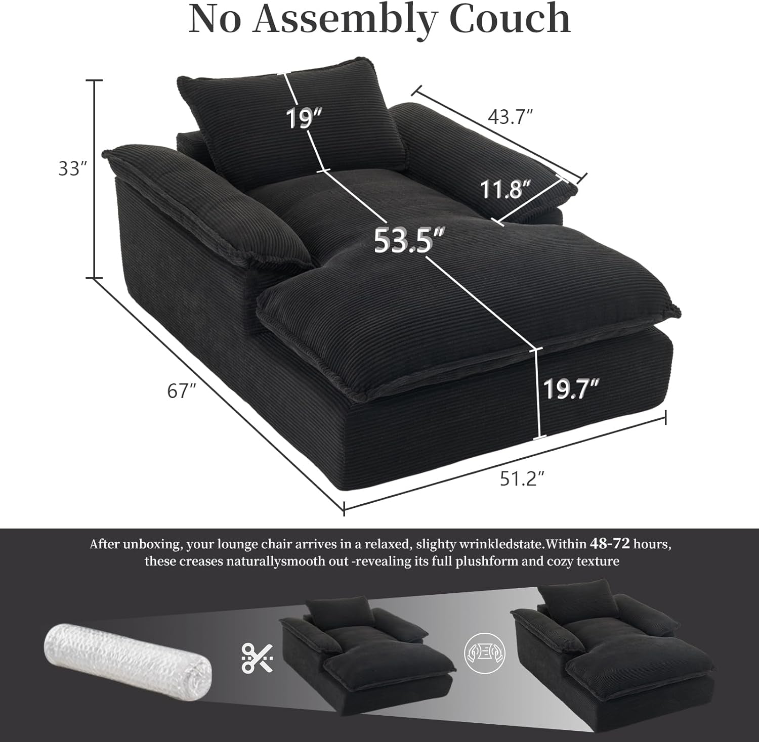 Oversized Chaise Lounge Chair Indoor, 67" Boneless Chaise Lounge with Extra Deep Seat, Comfy Corduroy Upholstered Sleeper Sofa Bed, Cozy Fluffy Single Sofa Armchair for Living Room, Black