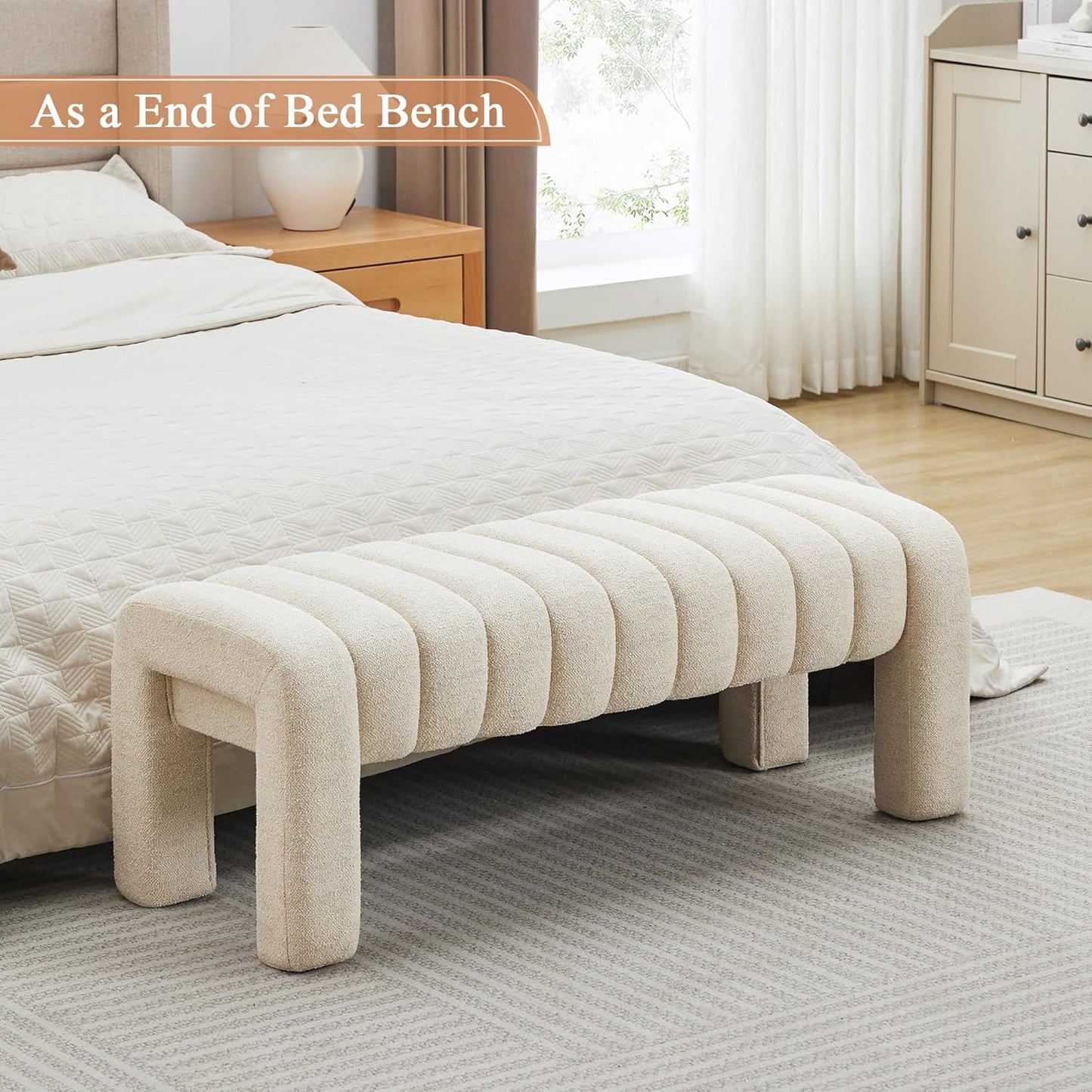 43’’ End of Bed Bench, Modern Linen Entryway Bench, Upholstered Ottoman Stool with Full Coverage Fabrics, Ottoman for Bedroom, Living Room, Dining Room, Beige