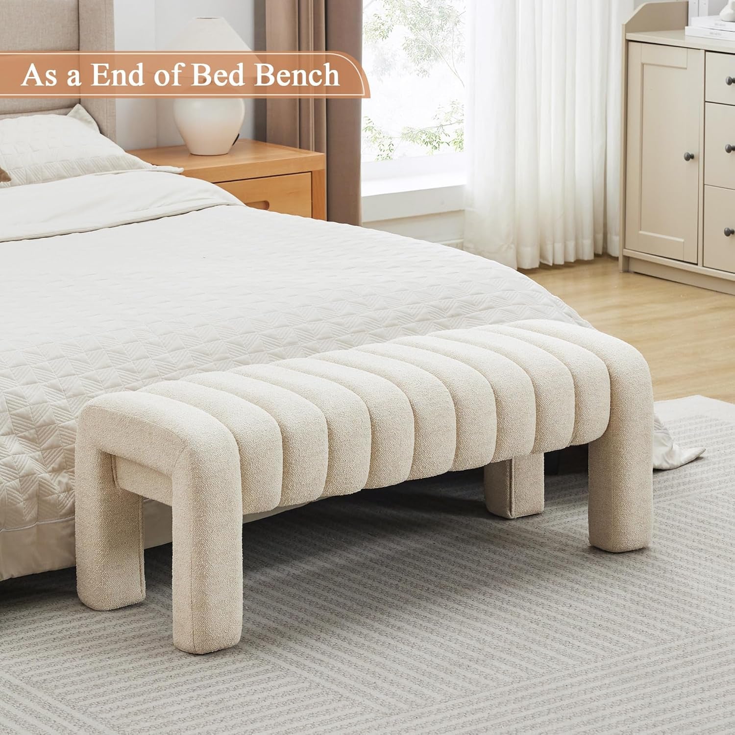 43’’ End of Bed Bench, Modern Linen Entryway Bench, Upholstered Ottoman Stool with Full Coverage Fabrics, Ottoman for Bedroom, Living Room, Dining Room, Beige