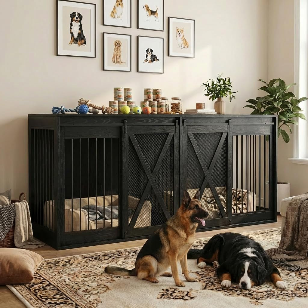 94.5In XXXL Double Dog Crate Furniture, Farmhouse Dog Kennel TV Stand for 2 Large Dogs, Heavy Duty Dog Cage Extra Large Breed with Divider & Sliding Metal Barn Door, Black
