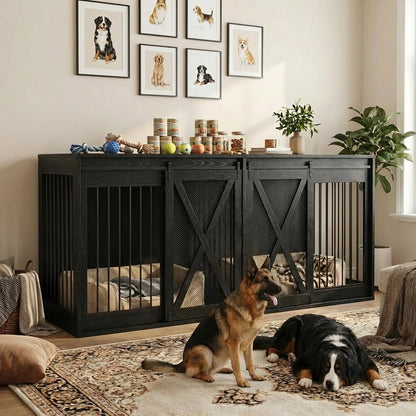 94.5In XXXL Double Dog Crate Furniture, Farmhouse Dog Kennel TV Stand for 2 Large Dogs, Heavy Duty Dog Cage Extra Large Breed with Divider & Sliding Metal Barn Door, Black