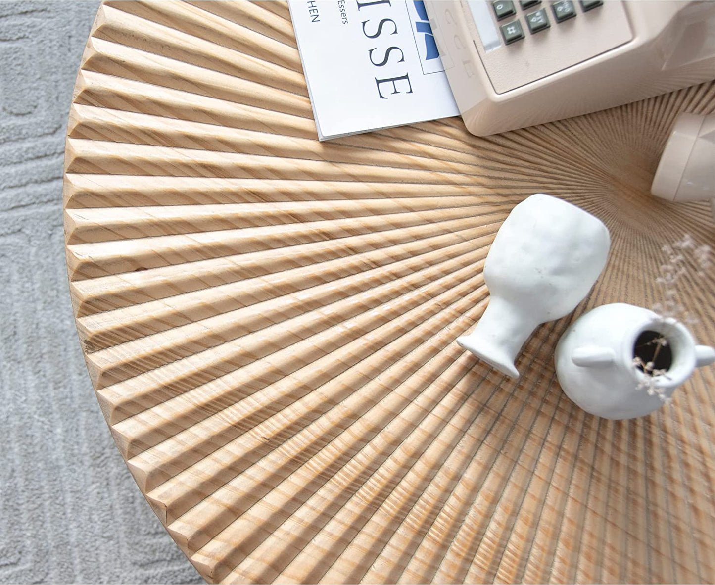 2-Piece Farmhouse Nesting Table round with Handcrafted Wood Radial Pattern, Modern Coffee Table Set for Living Room