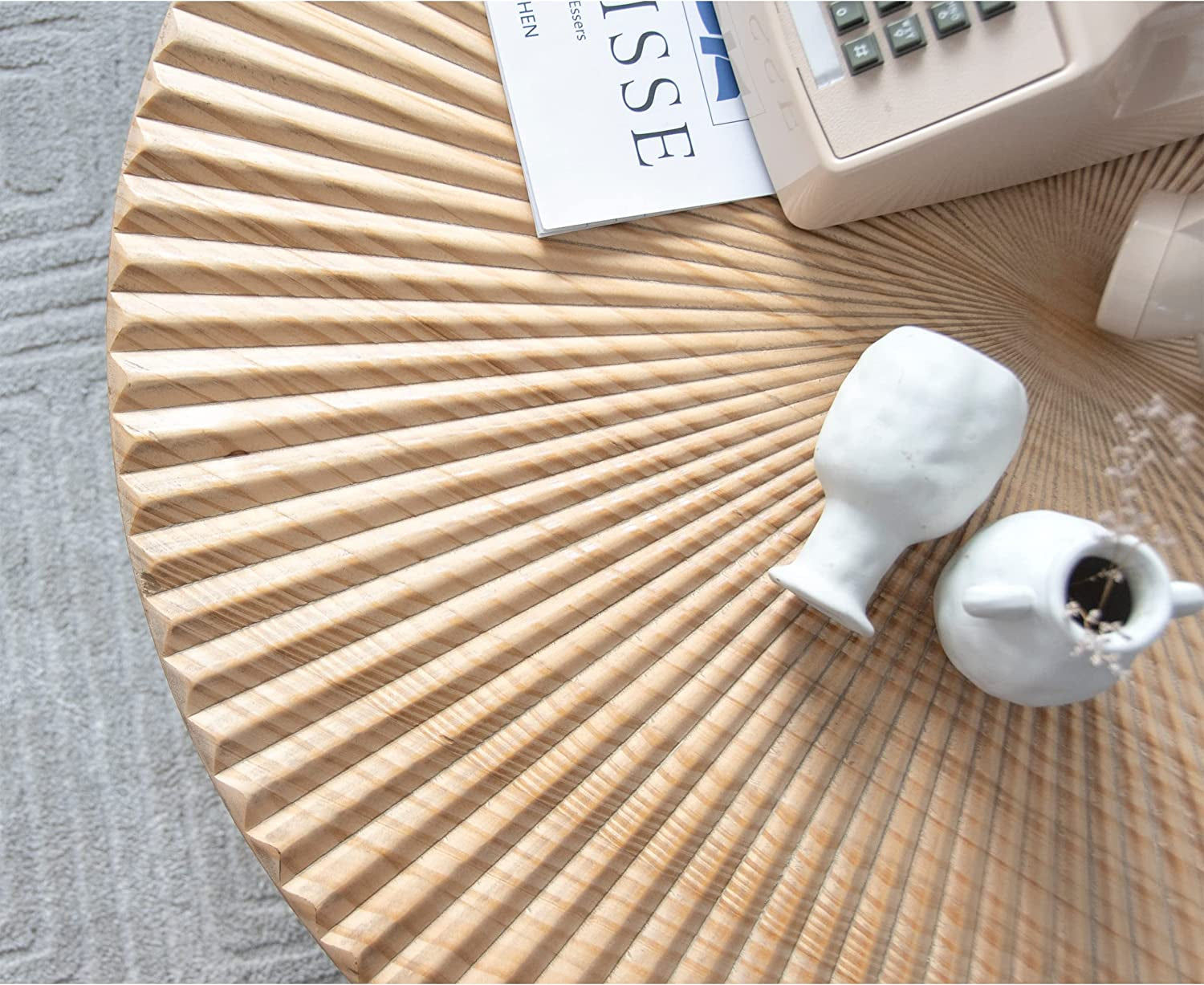 2-Piece Farmhouse Nesting Table round with Handcrafted Wood Radial Pattern, Modern Coffee Table Set for Living Room