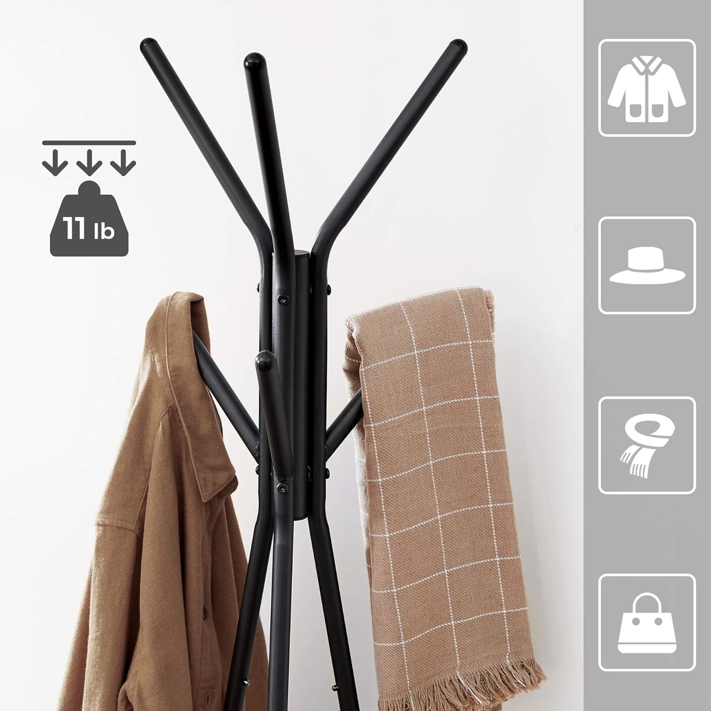 Coat Rack Freestanding, Coat Hanger Stand, Hall Tree with 2 Shelves, for Clothes, Hat, Bag, Industrial Style, Hazelnut Brown and Black URCR016B01