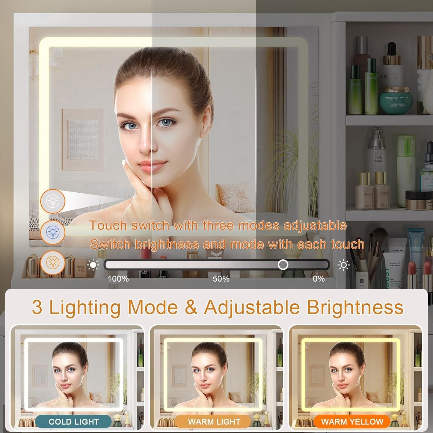 Vanity Desk with Mirror and Lights, 4 Drawers & Benches Vanity Desk Set, 3 Color Lighting Modes Adjustable Brightness Vanity for Bedroom Makeup Table