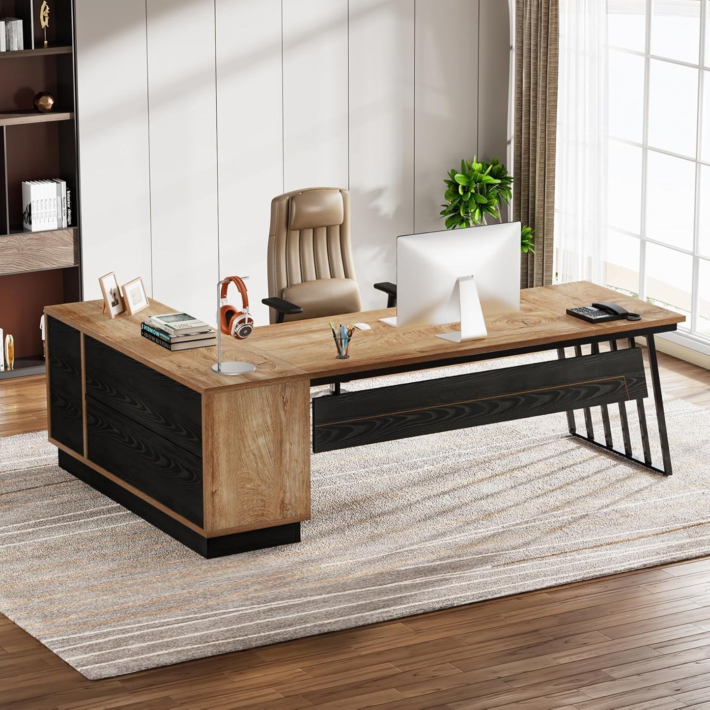 71-Inch Executive Desk, L-Shaped Desk with Cabinet, Large Office Desk with Drawers and Storage Shelves, Writing Table Computer Desk for Home Office, Oak and Black