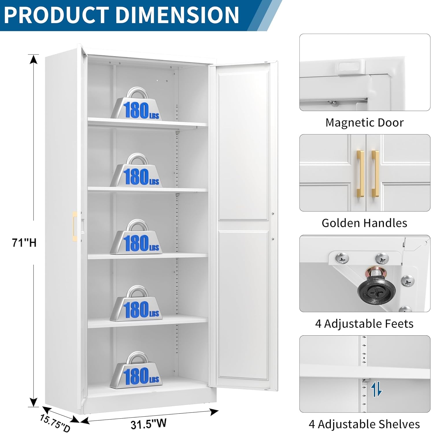 71" Kitchen Pantry Storage Cabinet,White Tall Storage Cabinet with Doors and 4 Shelves,Metal Food Pantry Cabinets for Kitchen Storage,Freestanding Cupboard for Dining Living Room,Assemble Required