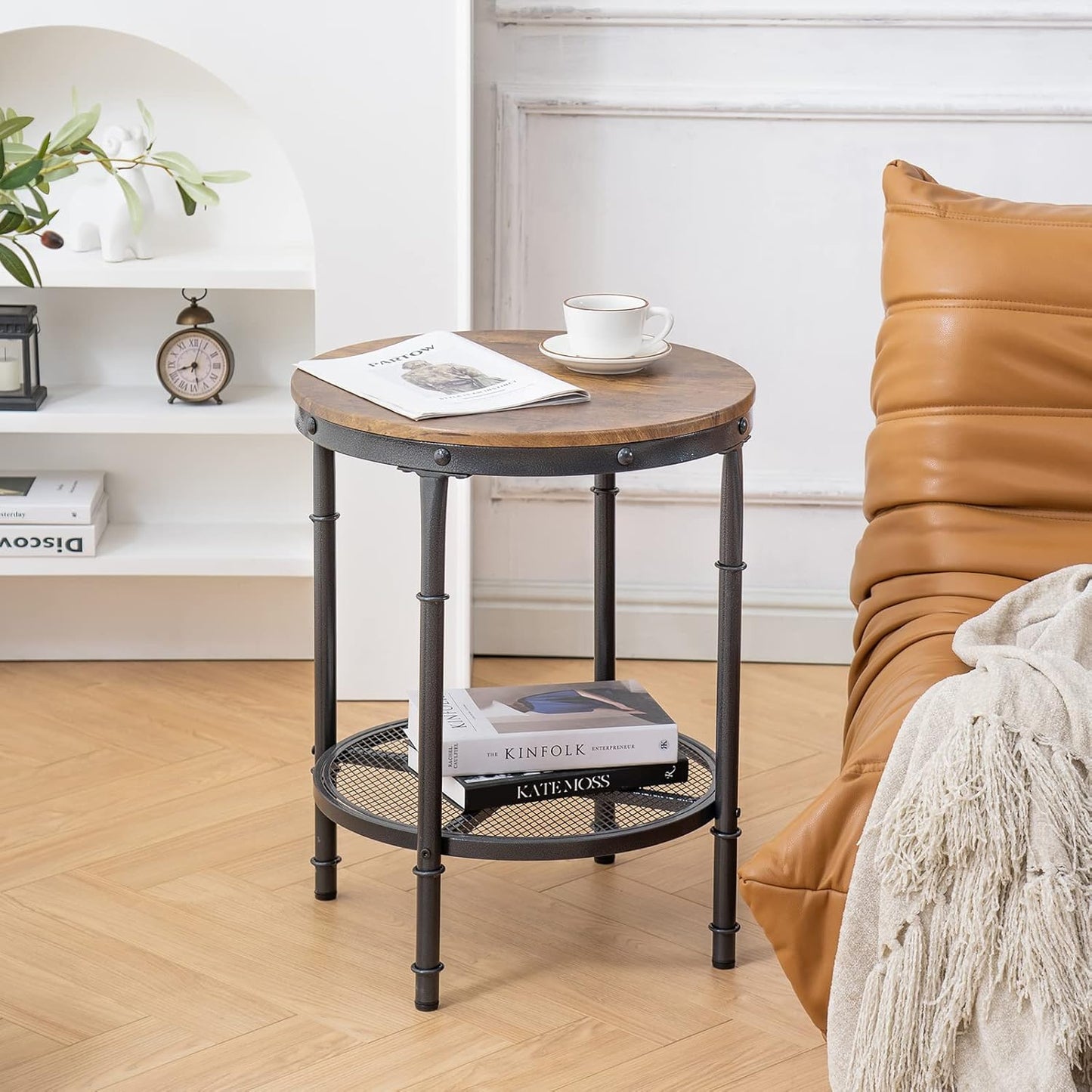 20" Side Table, round End Tables Living Room, Industrial Small End Table with Metal Mesh, Rustic Farmhouse Side Tables for Bedroom, Office, Corner, Walnut