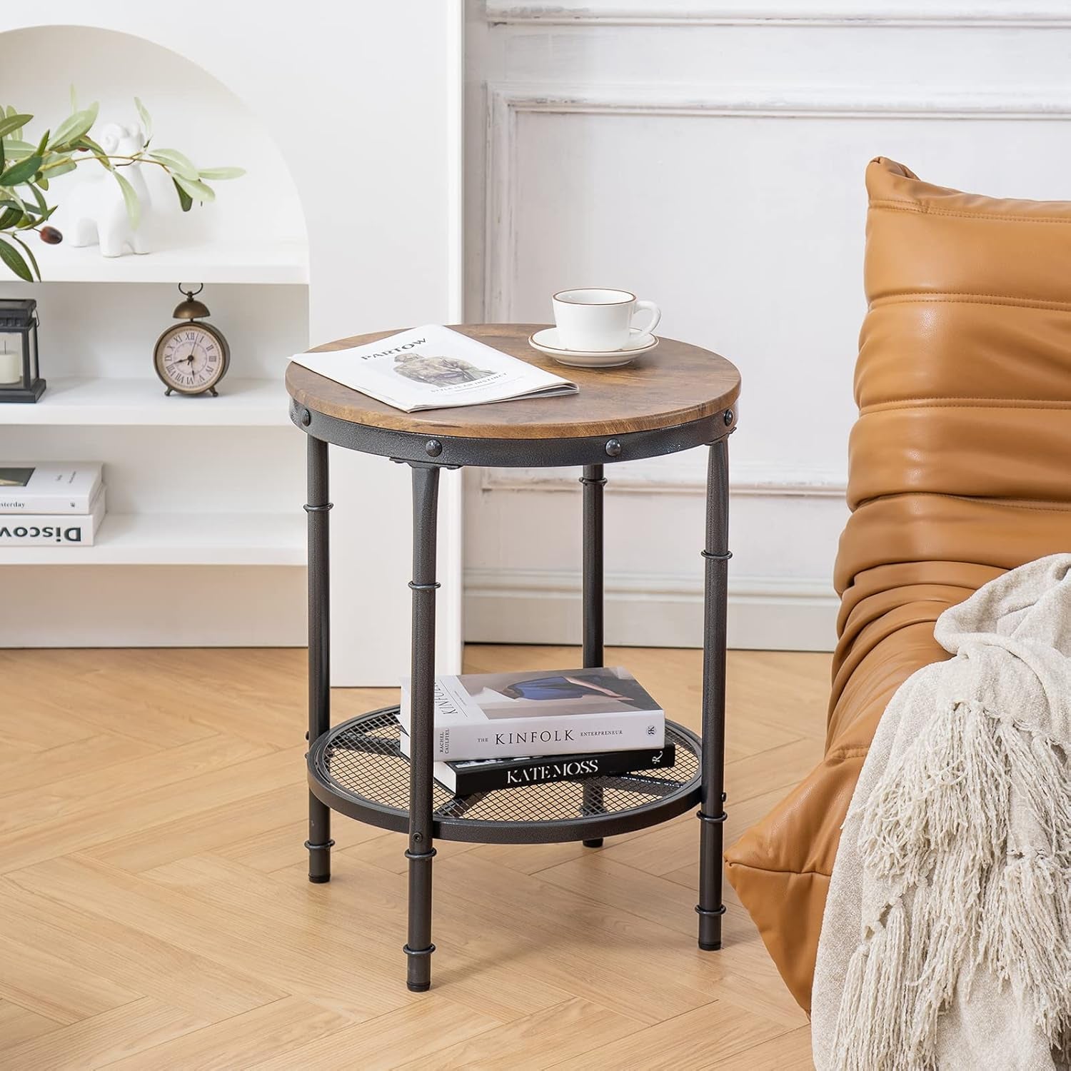 20" Side Table, round End Tables Living Room, Industrial Small End Table with Metal Mesh, Rustic Farmhouse Side Tables for Bedroom, Office, Corner, Walnut