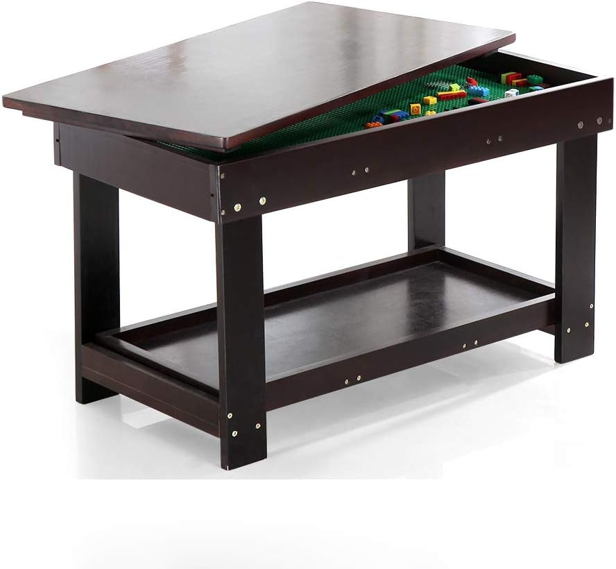 Kids Activity Table with Board for Bricks Activity Play Table (Dark Brown)