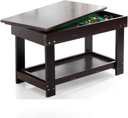 Kids Activity Table with Board for Bricks Activity Play Table (Dark Brown)