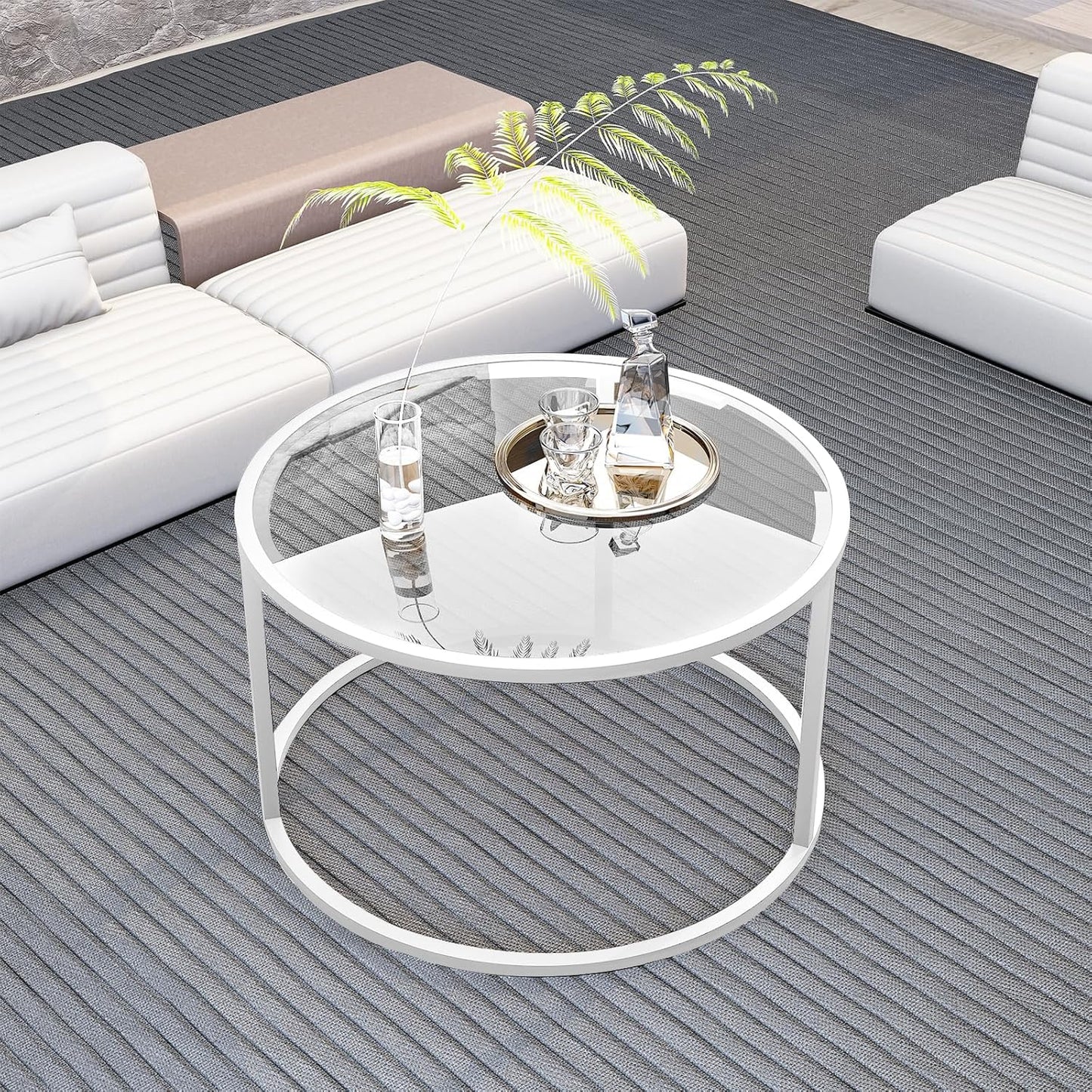 Round Glass Coffee Table for Living Room,Minimalist Modern Center Table with Metal Frame for Small Space,Easy Assembly,27 X 27In, White