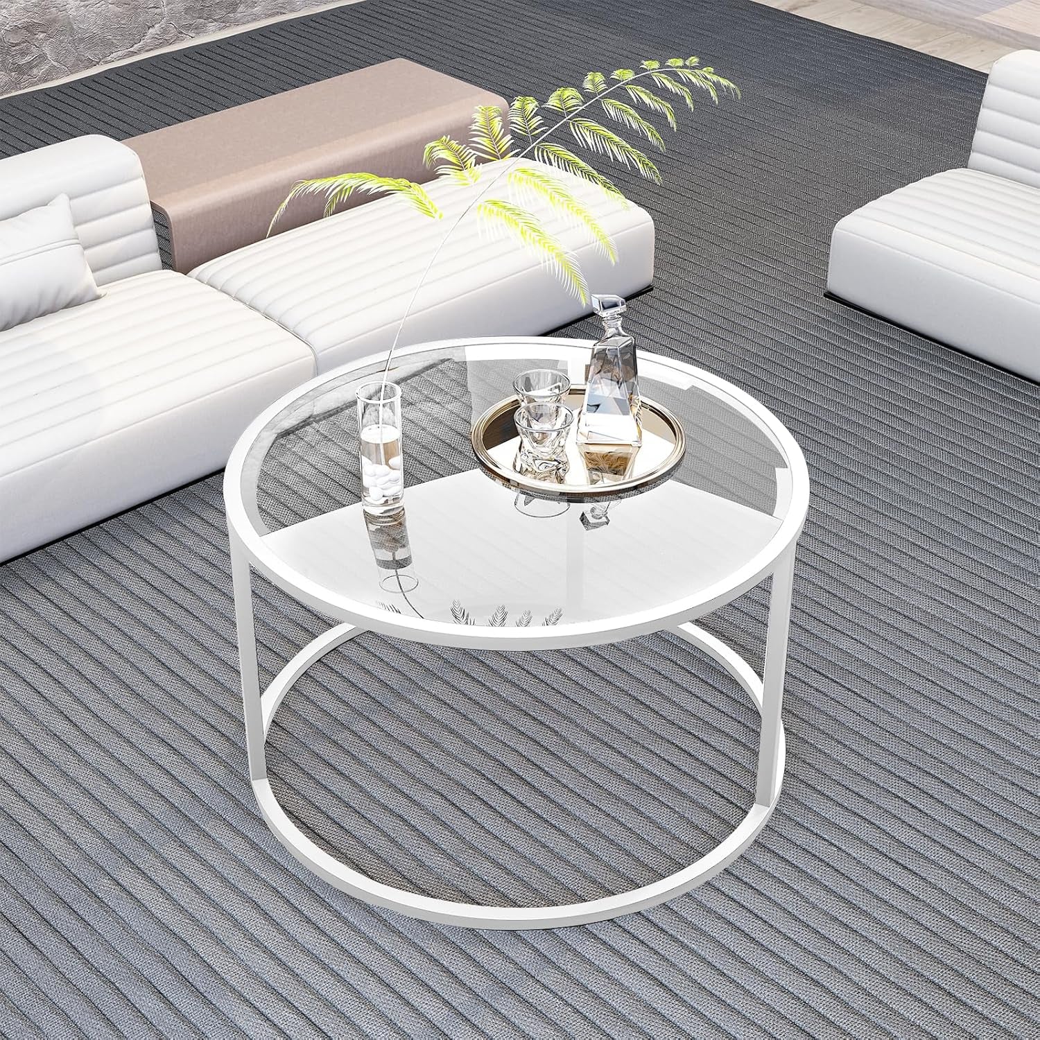 Round Glass Coffee Table for Living Room,Minimalist Modern Center Table with Metal Frame for Small Space,Easy Assembly,27 X 27In, White
