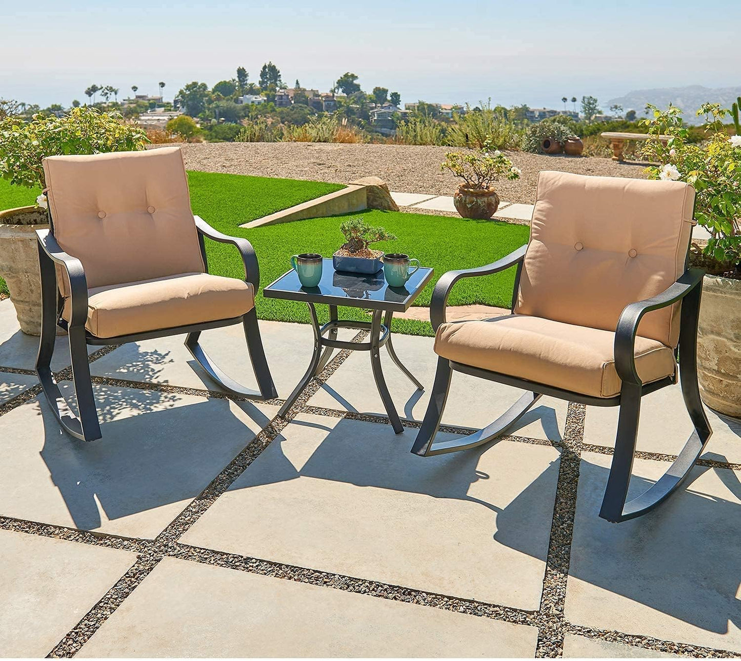 Oakmont Outdoor Furniture 3 Piece Conversation Bistro Set Rocking Chairs and Glass Top Table, Thick Cushions, Black Steel (Brown)