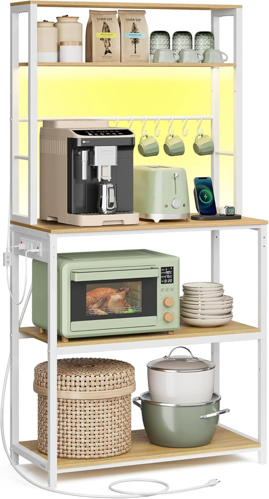 Coffee Bar with LED Lights, Kitchen Bakers Rack with Power Outlet, Microwave Stand with Adjustable Shelves, 8 Hooks, 15.7 X 31.5 X 65.7 Inches, Golden Oak and Matte White UKKS050Y01