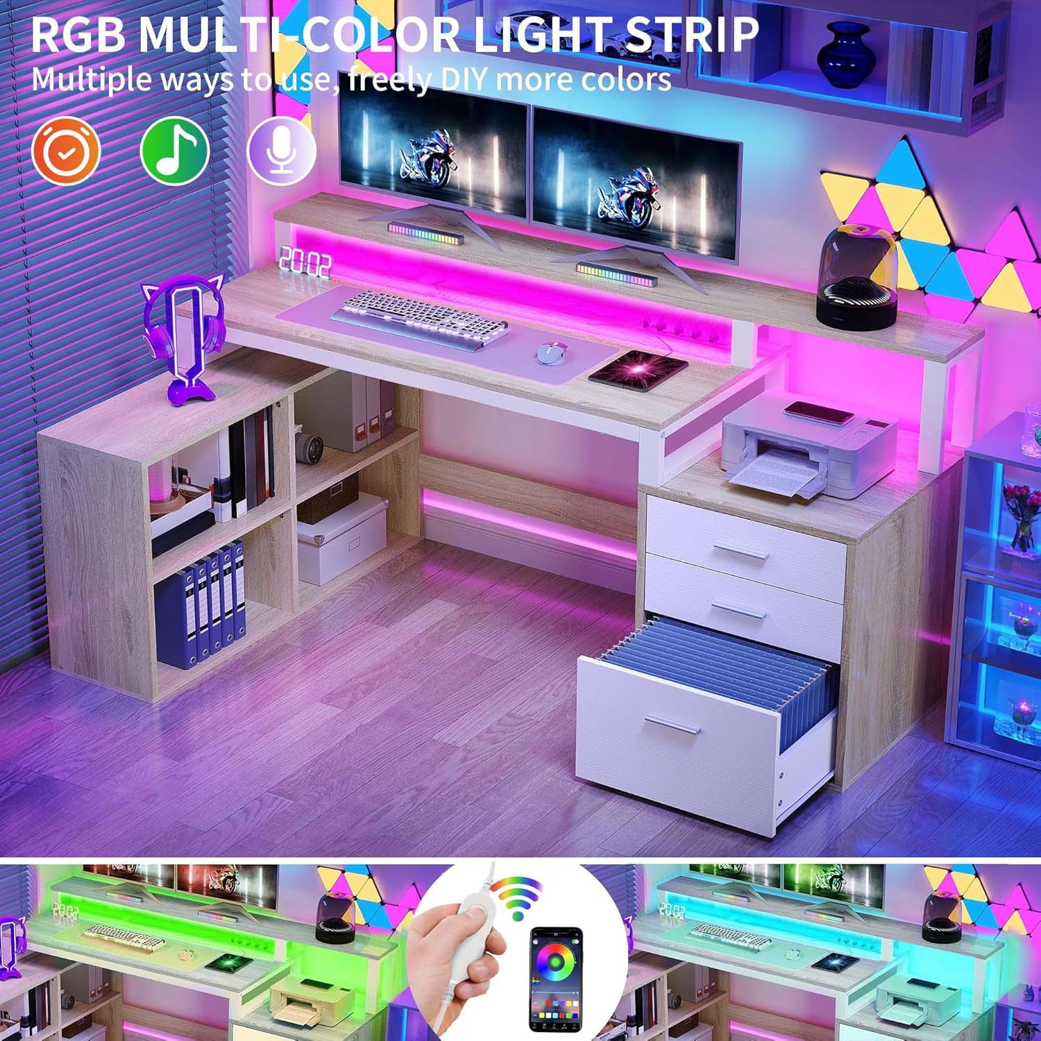 L Shaped Desk with Drawers, 65" Computer Desk with Power Outlets & LED Lights, Corner Home Office Desk with Storage Shelves & Printer Stand, White & Oak