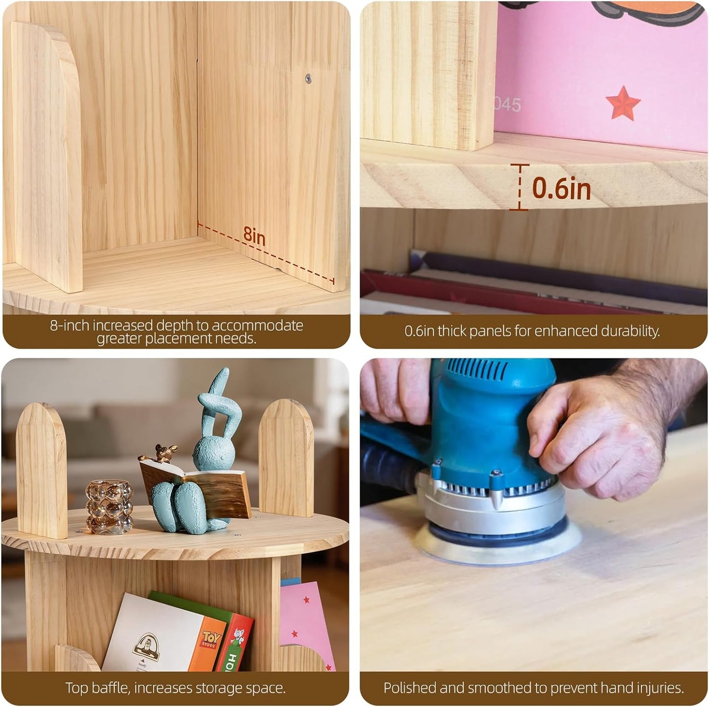 Rotating Bookshelf, Solid Pine Wood Spinning Bookshelf Tower 4 Tier, 360° Revolving Bookcase for Kids, Multi-Functiona Corner round Turning Book Shelf Organizer for Small Spaces