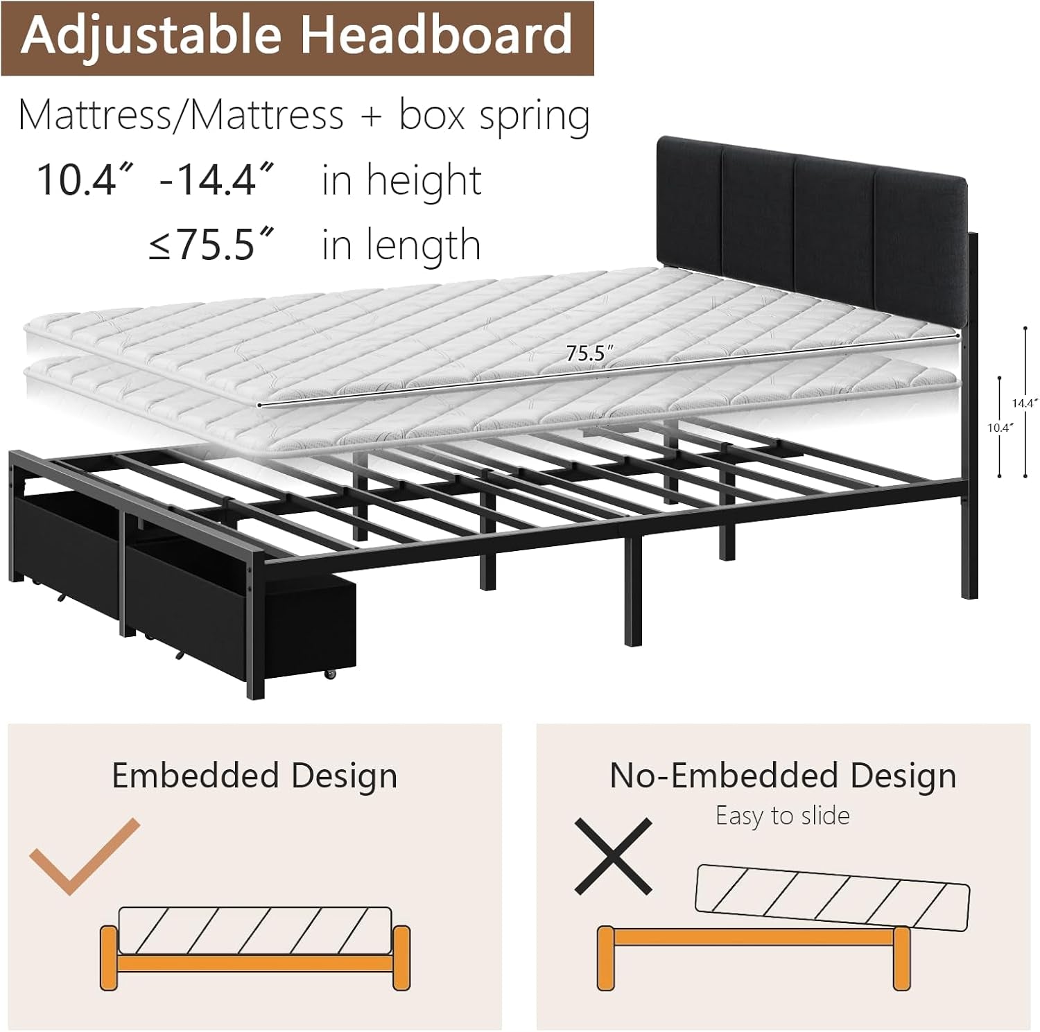 Full Size Bed Frame with Headboard, Upholstered Full Bed Frame with LED Light, USB Charging Station, Platform Bedframe with 2 Fabric Underbed Storage Drawers, No Spring Box Needed