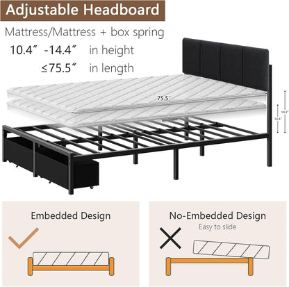 Full Size Bed Frame with Headboard, Upholstered Full Bed Frame with LED Light, USB Charging Station, Platform Bedframe with 2 Fabric Underbed Storage Drawers, No Spring Box Needed