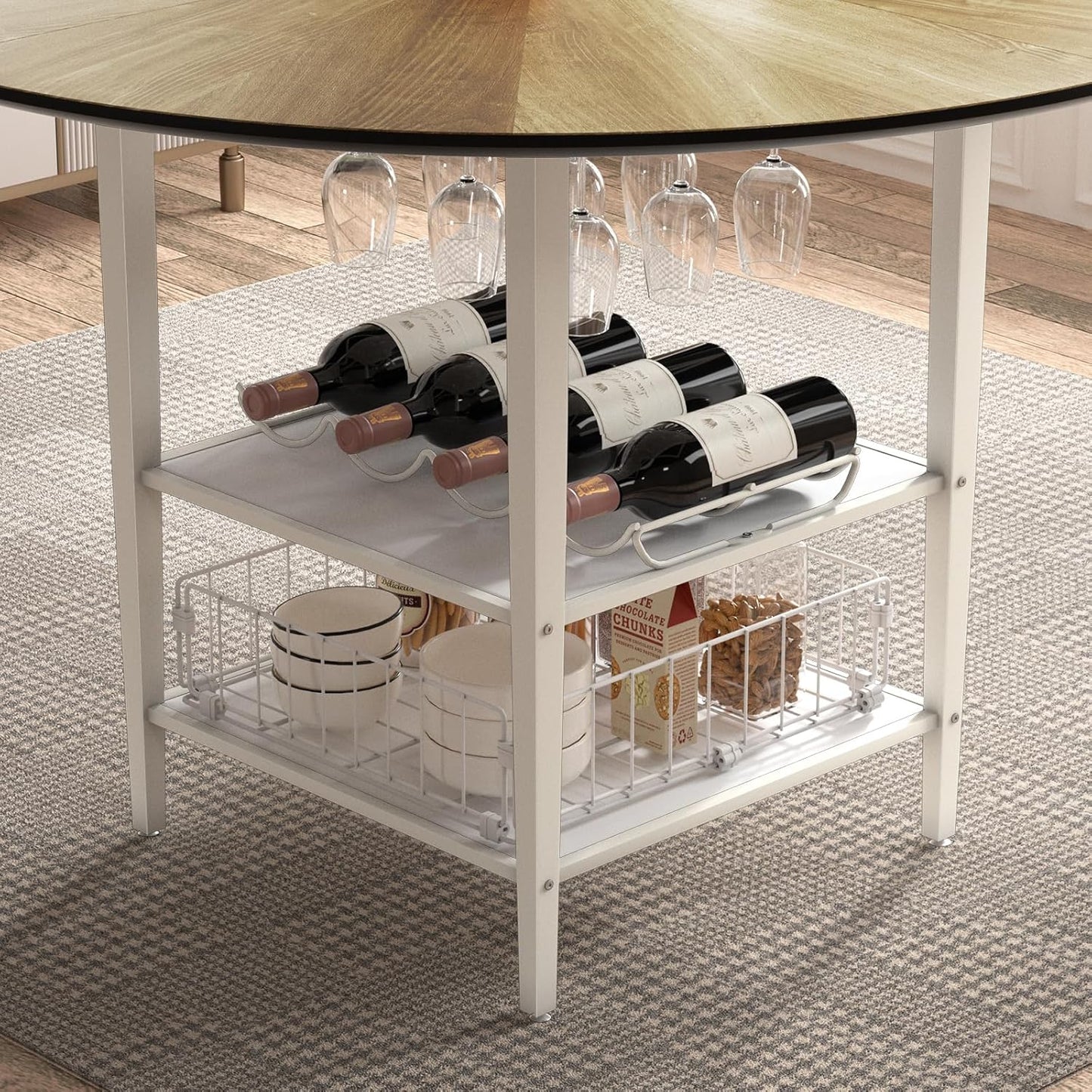 47'' round Dining Table Set for 4-6, Farmhouse Kitchen Table with 4 Chairs & Storage Rack, Rustic Wood Dining Set with Sturdy Metal Base for Dining Room & Living Room