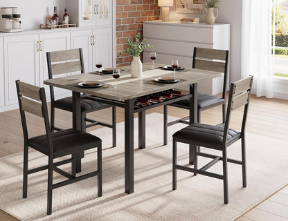 Dining Table Set for 4, Extendable Kitchen Table with 4 PU Leather Upholstered Dining Room Chairs, Wood Kitchen Table Set with Built-In Storage Rack for Dining & Small Spaces, Grey