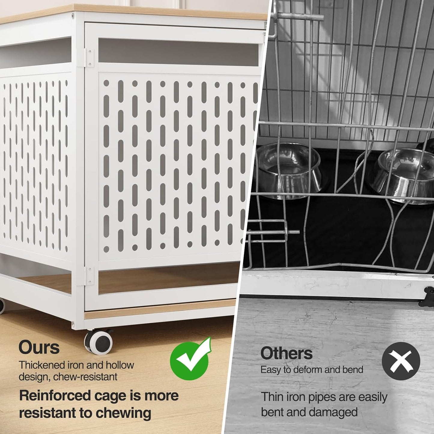 40.1" Dog Crate Furniture for Medium and Large Breed, Decorative Dog Kennel Indoor with Lockable Wheels, Heavy Duty Wooden End Side Table Pet Cage, Chew-Resistant, White