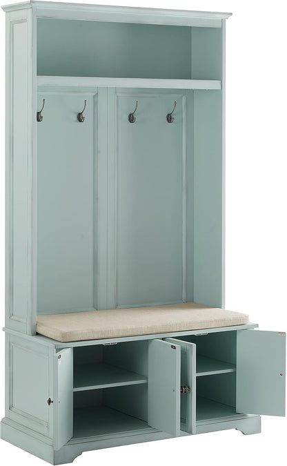 Holbrook Hall Tree with Shoe Rack Bench and Coat Hooks for Hanging Storage, Distressed Seafoam Blue