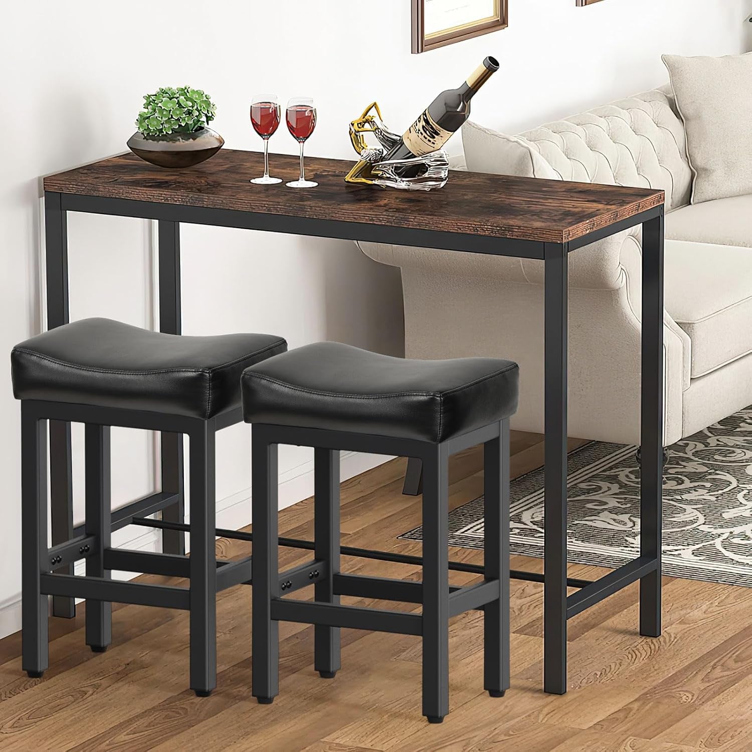Counter Height Bar Stools Set of 2, 24 Inch Barstools for Kitchen Island Counter, Bonded Leather Kitchen Stools with Thick Saddle Seats & Heavy Duty Metal Base, Easy Assembly, All Black