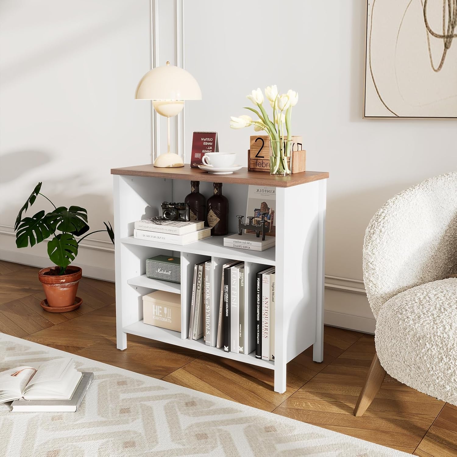 Record Player Stand, Mid-Century Vinyl Record Storage Cabinet, 3-Tier Record Player Holder, Turntable Stand with 4 Cabinet up to 220 Albums, End Table for Bedroom Music Room Living Room, White