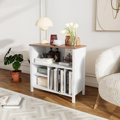 Record Player Stand, Mid-Century Vinyl Record Storage Cabinet, 3-Tier Record Player Holder, Turntable Stand with 4 Cabinet up to 220 Albums, End Table for Bedroom Music Room Living Room, White