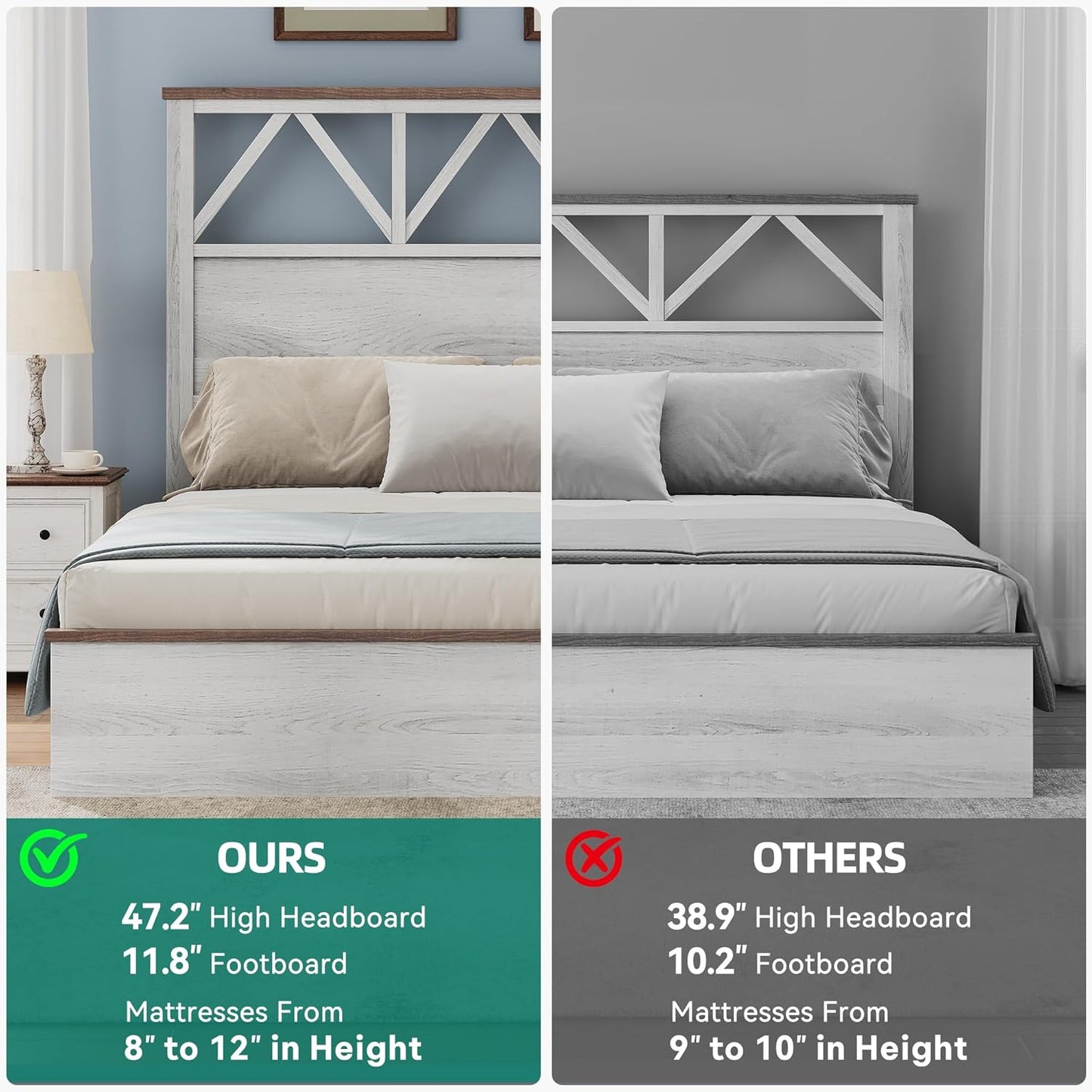 Farmhouse Queen Size Bed Frame with 47.2'' Headboard, Platform Rustic Wood Bed Frame with Slats, Sturdy and Noiseless, No Spring Needed, White