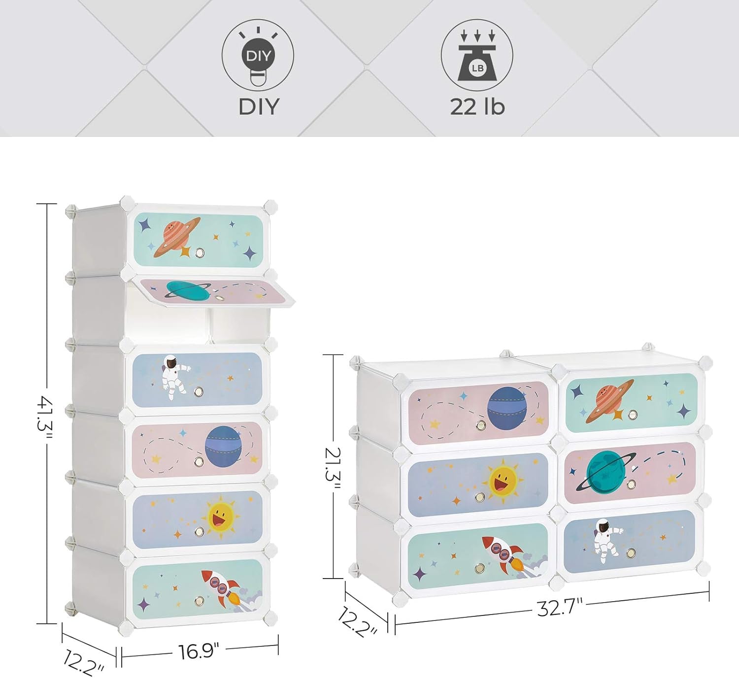 Kids' Shoe Rack with Doors, 6-Slot Stackable Storage Organizer, Plastic Wardrobe, Toys, Books, Clothes, 12.2 X 16.9 X 41.3 Inches, Cloud White ULPC904W01