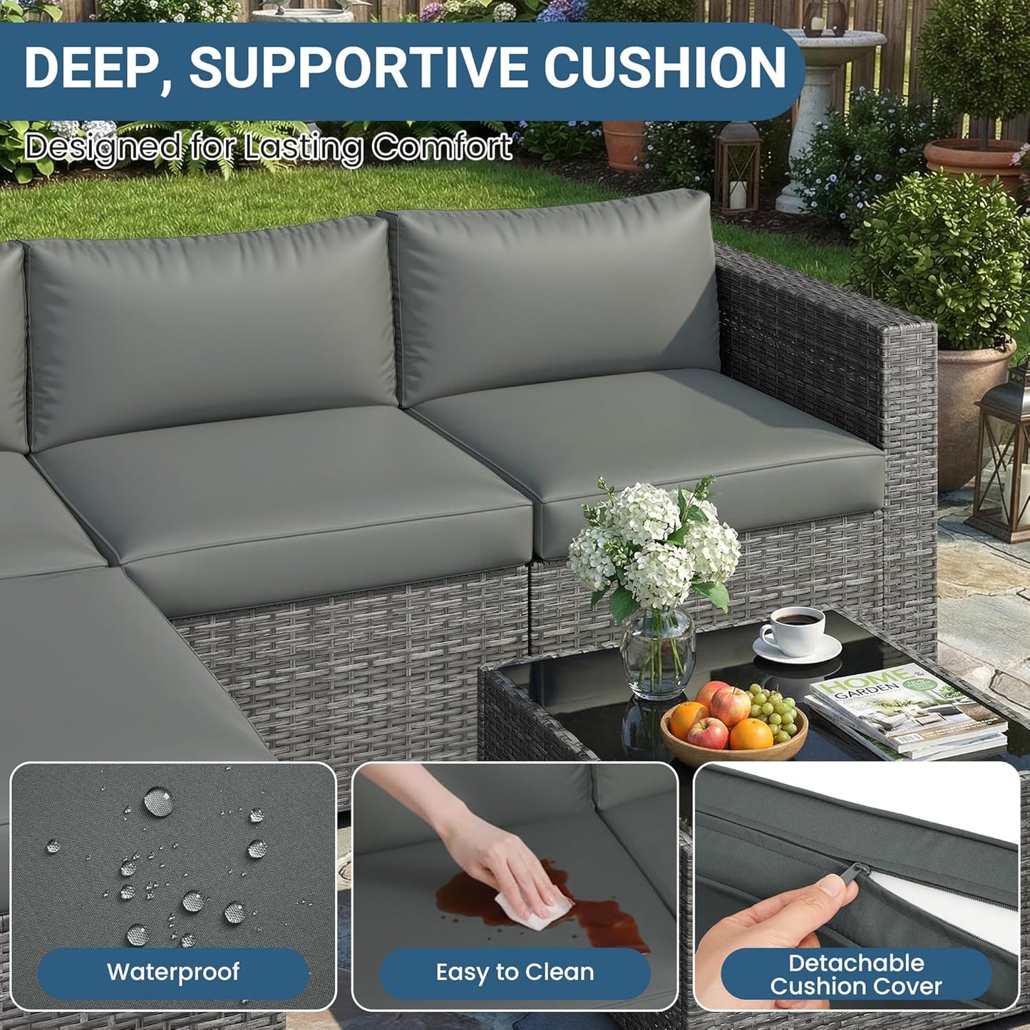 5-Pieces Outdoor Patio Furniture Set, All Weather Wicker Rattan Sectional Sofa, Patio Conversation Set with Cushions & Glass Coffee Table for Backyard Porch Garden Balcony, Grey