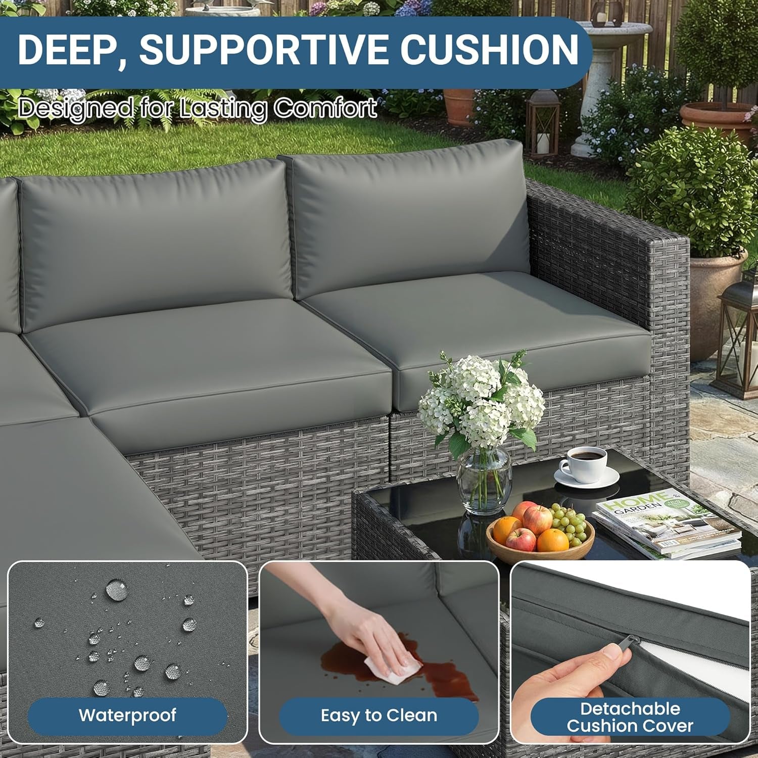 5-Pieces Outdoor Patio Furniture Set, All Weather Wicker Rattan Sectional Sofa, Patio Conversation Set with Cushions & Glass Coffee Table for Backyard Porch Garden Balcony, Grey