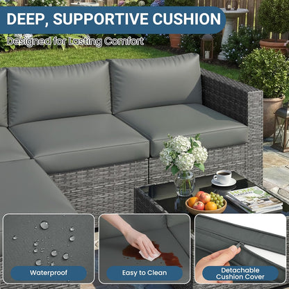 5-Pieces Outdoor Patio Furniture Set, All Weather Wicker Rattan Sectional Sofa, Patio Conversation Set with Cushions & Glass Coffee Table for Backyard Porch Garden Balcony, Grey