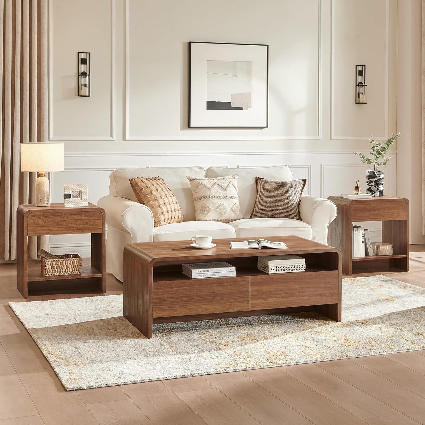3-Piece Living Room Table Set, Includes Coffee Table & 2 End Tables, Modern Coffee Table Sets with Large Storage Drawers & Smooth Rounded Edges, Brown