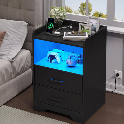 Night Stand Set of 2 with LED Lights and Charging Station, Modern Bedside End Table with 2 Fabric Storage Drawers, Black Nightstands for Bedroom
