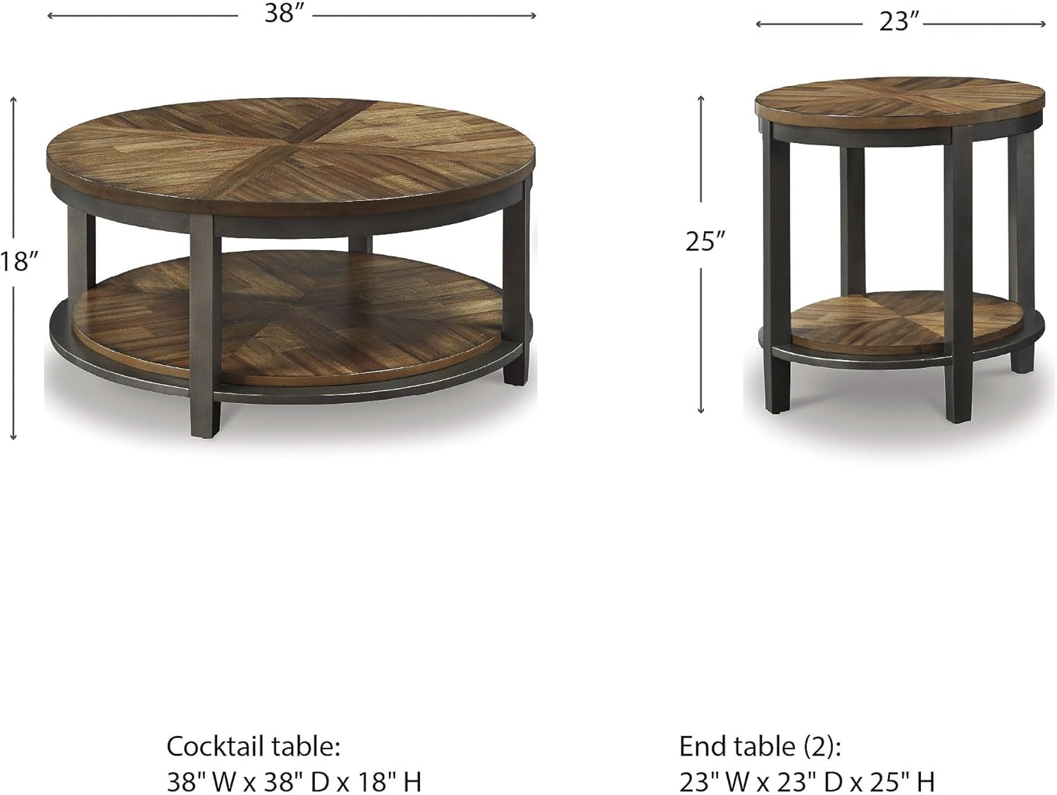 Roybeck Rustic round 3-Piece Table Set, Includes 1 Coffee Table and 2 End Tables with Fixed Shelf, Light Brown