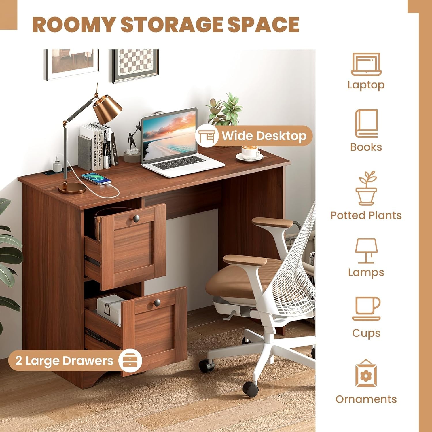 Computer Desk with 2 Storage Drawers, Study Table with Power Outlet, Laptop PC Desk with Storage, Work Table for Small Spaces, Workstation for Home & Office, Walnut